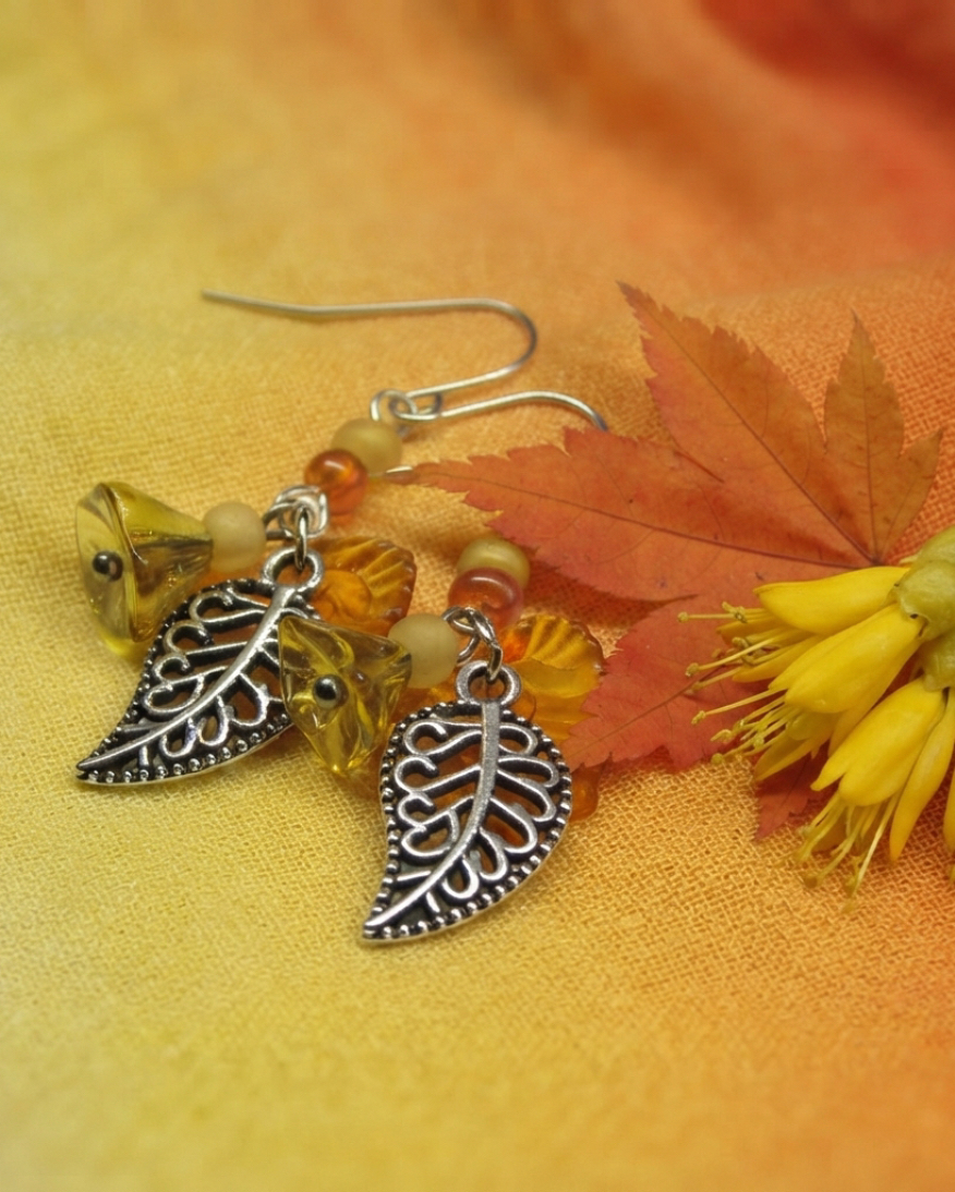 Leaf and Flower Earrings - Orange