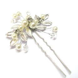 Leaf, Pearl & Diamanté Hair Pin - Silver