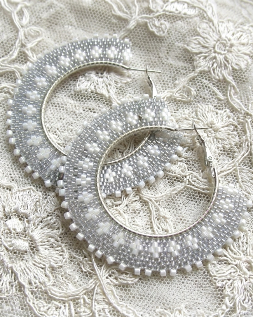 Peyote Hoop Earrings - Large Silver