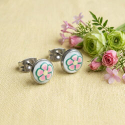 Pink and Green Floral Studs