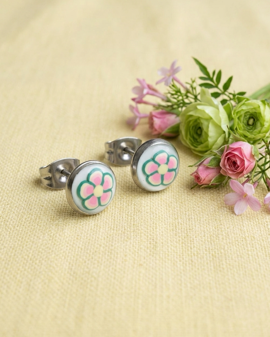 Pink and Green Floral Studs
