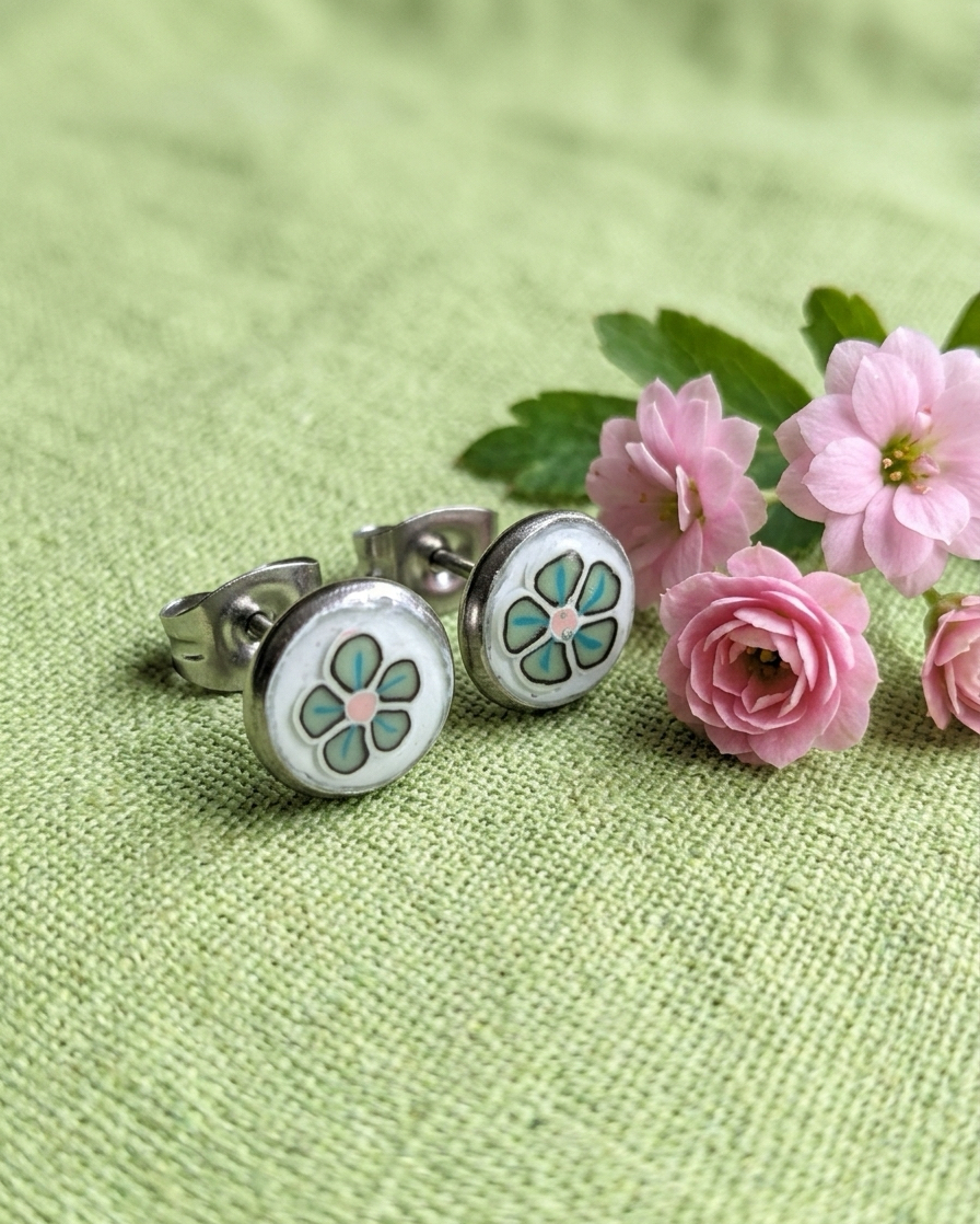 Green and Pink Floral Studs