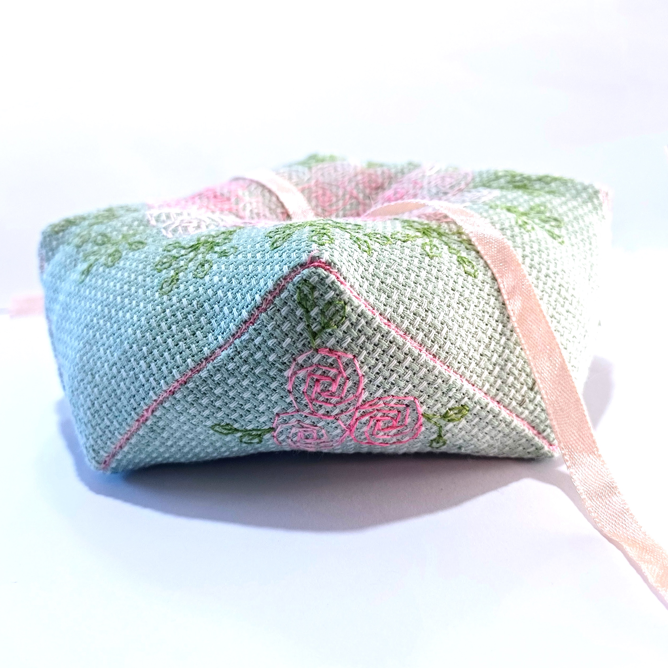 Biscornu - Pink Roses Wedding Ring Pillow - Image 2