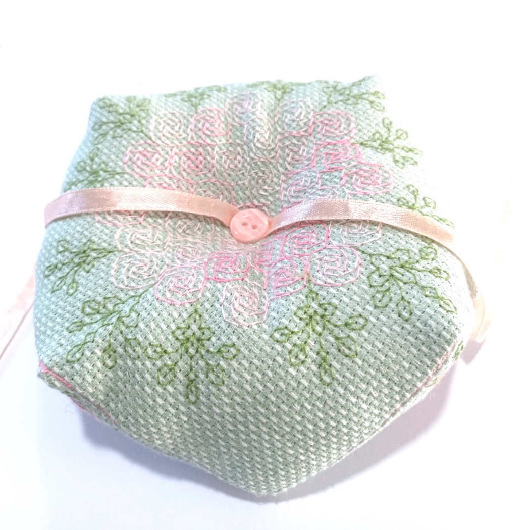 Biscornu - Pink Roses Wedding Ring Pillow - Image 3
