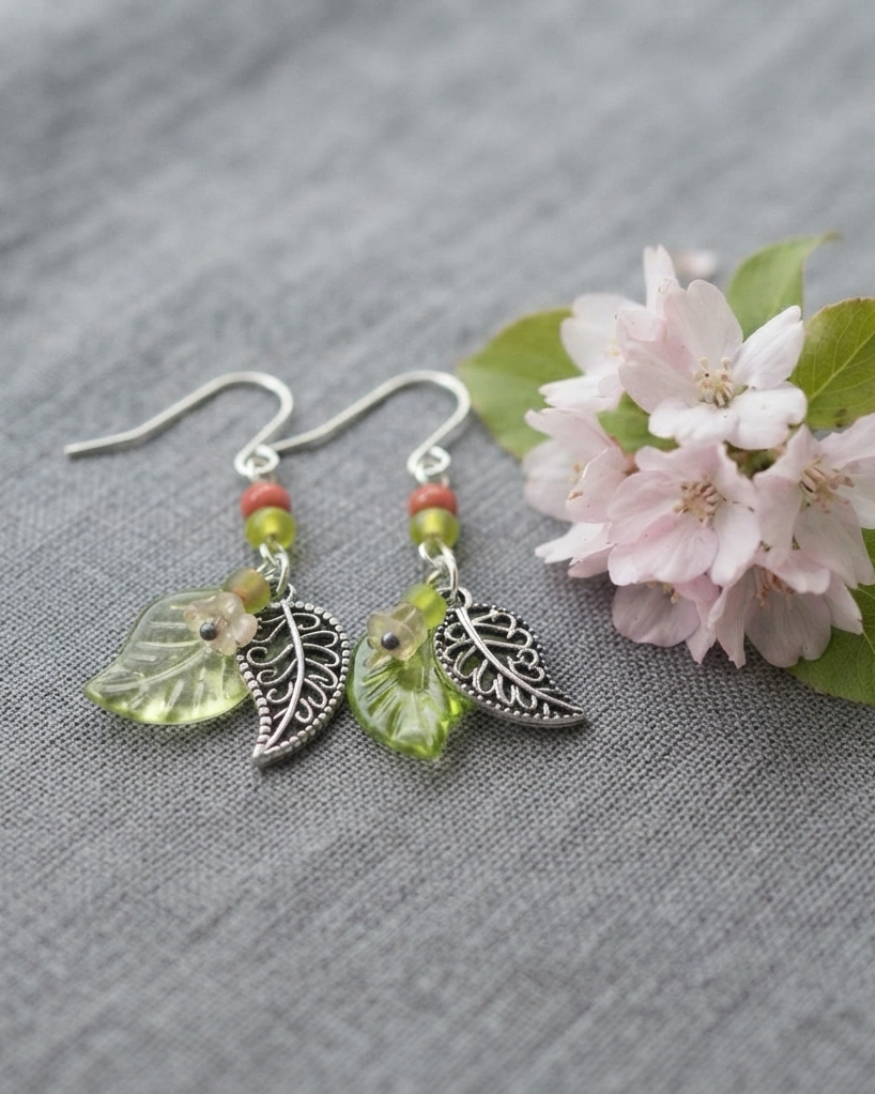 Leaf and Flower Earrings - Green